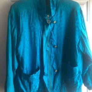Beautiful Vintage Turquoise Zip Front Silk  Bomber Jacket. Size: L